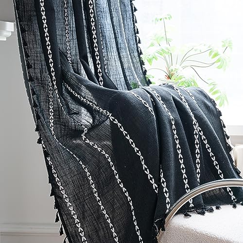 Sutuo Home Boho Curtains for Bedroom Living Room Kitchen, Semi Blackout Linen Farmhouse Shabby Chic Tassels Window Treatment Bohemian Embroidery Drape, Rod Pocket 1 Panel 52" W x 96" L, Black - color: Black Stripes, size: 52"W x 96"L (Pack of 1)