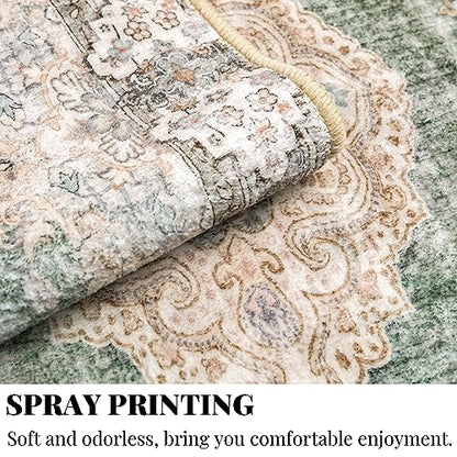 MUJOO 5'x7' Area Rugs Green Washable Boho Rug Non Slip Low-Pile Floral - color: Green, size: 5' x 7' (Rectangular)