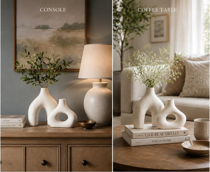 Carrot's Den Ceramic Modern Vase Set of 2, Donut Shelf Decor, Warm White - color: Warm White