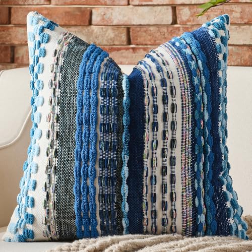 AmHoo Chenille Tufted Striped Textured Boho Throw Pillow Covers Aesthetic Woven Decorative Pillow Case for Couch Bed Sofa Bedroom Modern Funky 18 x 18-Inch Sodalite Blue - color: Sodalite Blue, size: 18" x 18" (Pack of 1)