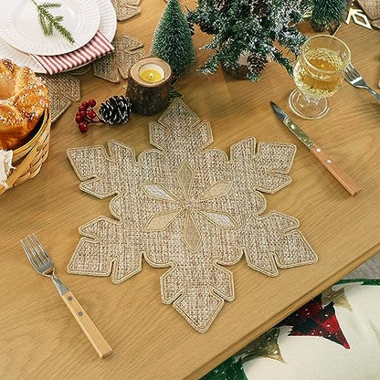 Feuille Christmas Placemats Set of 4 - Snowflake Burlap Holiday Placemats for Round Table, Farmhouse Winter Decor for Christmas Table Decorations - style: Snowflake