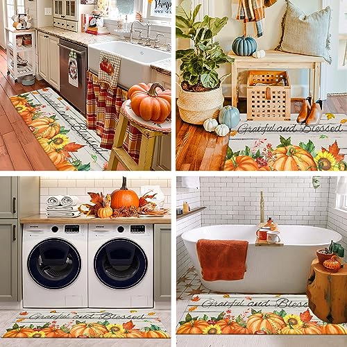 Pauwer Fall Pumpkin Kitchen Rugs Set of 2, Anti Fatigue Kitchen Mats - color: Grateful Blessed