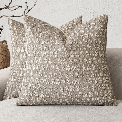 Foindtower Decorative Floral Print Throw Pillow Covers 20×20 Inch,Tan Taupe - color: Iced Coffee, size: 20" x 20" (Pack of 2)