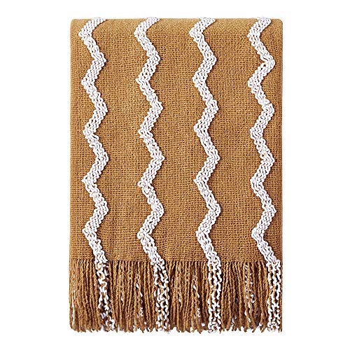 BOURINA Knitted Throw Blanket Boho Chenille Blanket,Dark Gold 50x60Inch - color: A-mustard, size: 50"×60"