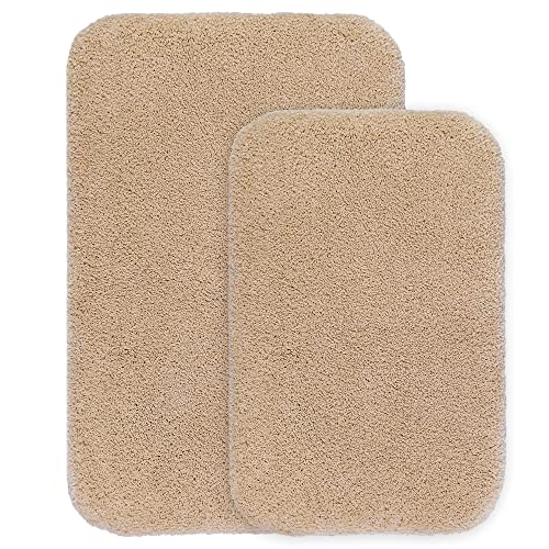 VANZAVANZU Bathroom Rug Set - 2 Piece Non Slip Extra Soft Absorbent Bath Mats - Microfiber Shaggy Thick - Machine Washable (16"x24" Plus 20"x32", Beige) - color: Beige, size: 16"x24" Plus 20"x32"