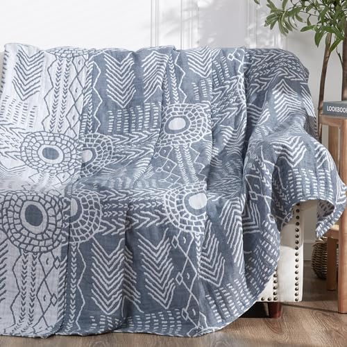 jinchan 100% Cotton Muslin Blanket Twin Boho Throw Blanket 60x80 Blue Gray - color: A. Boho Blue, size: 60"x80"