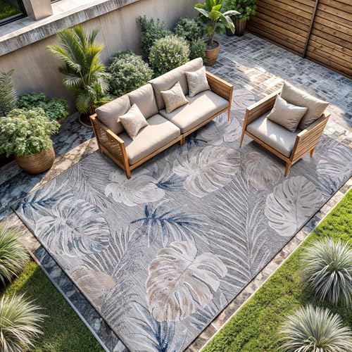 CAMILSON Indoor Outdoor Rug, Blue 9’x12’ Leaf Tropical Botanical Area Rugs for Indoor and Outdoor patios, Easy-Cleaning Non-Shedding Living Room, Garden and Kitchen Washable Outside Carpet (9x12) - color: 3002 Blue, size: 9' x 12' (Rectangular)