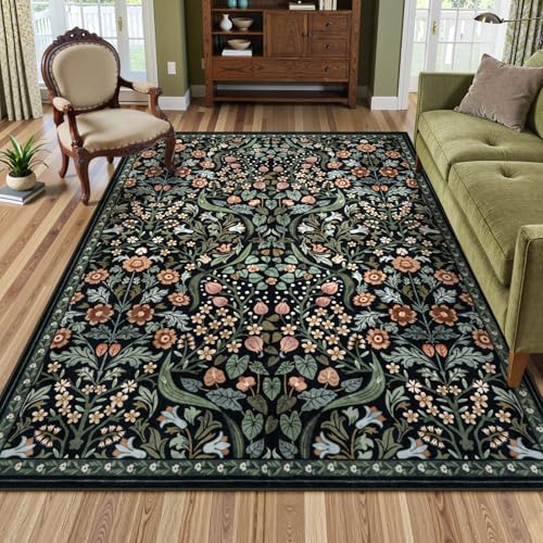 Lahome Dark Botanical Rug, 5x7 Washable Floral Area Rugs for Living Room - color: Black, size: 5' x 7'