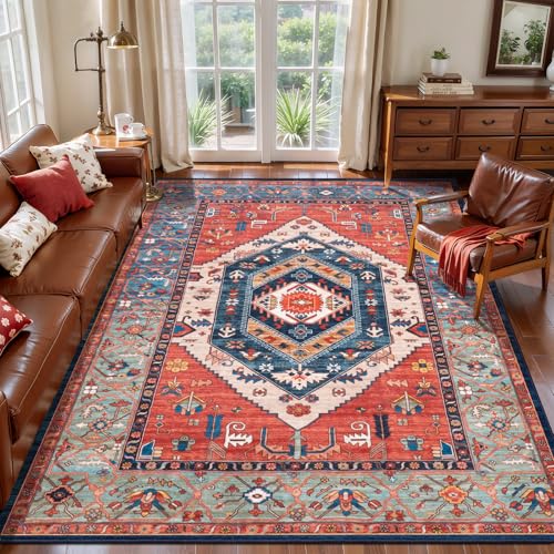 SERISSA 4x6 Washable Non Slip Boho Area Rug for Bedroom，Rust - color: Rust/Multi, size: 4' x 6' (Rectangular)
