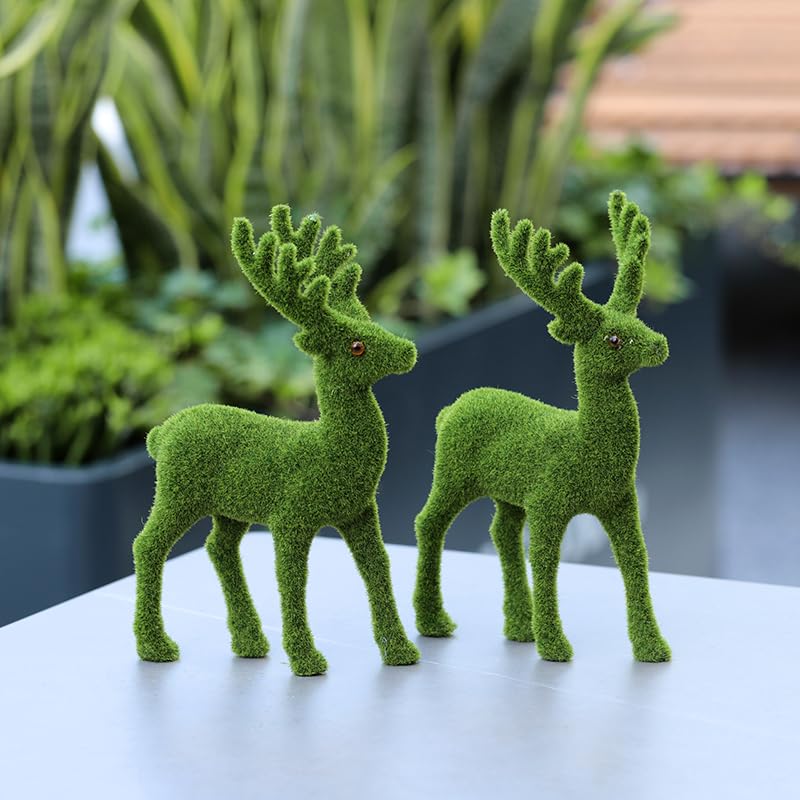 Decorative Moss Reindeer Figurines, Set of 4 - Green Flocked Deer Statues for Woodland Christmas Table Centerpiece, Indoor Mantel Shelf and Garden Decor