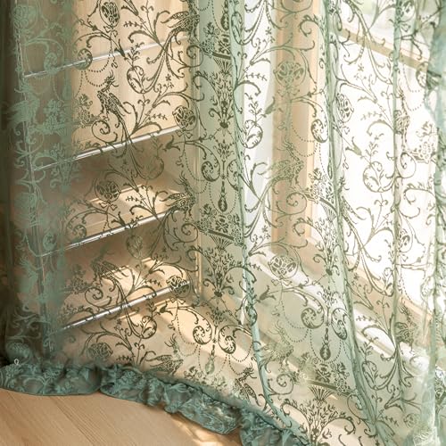 TUDECO Green Lace Sheer Curtains 72 Inch Length, Ruffle Edges, 2 Panels - color: Olive Green, size: 59"W x 72"L (Pack of 2)