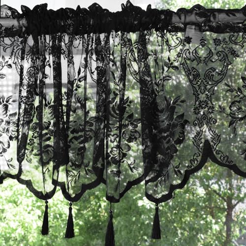 Molaxhome Homey Sheer Embroidered Flowers Vine Valance Window Treatment - color: A634black, size: 52"W x 18"L (Pack of 1)