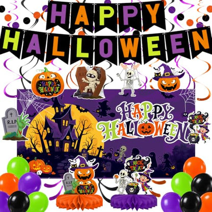 Halloween Decorations Kit, Happy Halloween Banner, Circle Confetti Dots, Hanging Swirl Streamers, Honeycomb Centerpiece and Balloons, Halloween Party Supplies - style: Halloween