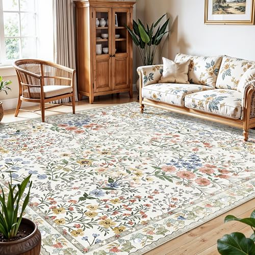 8x8 Square Area Rug Living Room, Non-Slip Floral Washable 8ft Square Rug Low Pile Thin Indoor Carpets for Dining Room Bedroom Office High Traffic Area Boho Vintage Home Decor (8ft Square, Beige) - color: Beige, size: 8x8