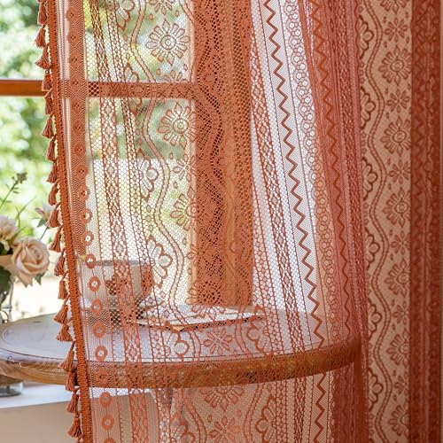 MYSKY HOME Terracotta Boho Lace Sheer Curtains 72 inch Length 2 Panels Burnt Orange Floral Vintage Bohemian Crochet Geometry Curtains with Tassels for Bedroom Rod Pocket Home Decor, 55" Wide - color: Terracotta, size: 55"W x 72"L (Pack of 2)