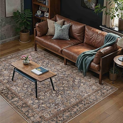HUGEAR 12.7x17.8cm(5x7인치) 브라운 블루 빈티지 꽃무늬 세탁 가능한 - color: 플로럴 | 브라운/블루, size: 5' x 7' (Rectangular)