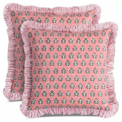 CPC Poppy Pink Block Print Ruffle Pillow Cover 16x16 Inch, Pack of 2 - color: Poppy Pink, size: 16" x 16" (Pack of 2)
