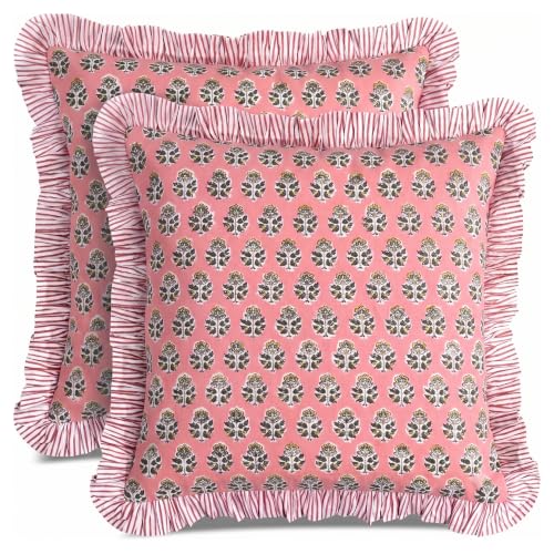 CPC Poppy Pink Block Print Ruffle Pillow Cover 16x16 Inch, Pack of 2 - color: Poppy Pink, size: 16" x 16" (Pack of 2)