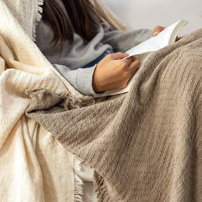 GLORY SEASON 100% Cotton Throw Blanket in Light Brown Jacqard Weave Fabric with Fringe Soft All Season Cover for Bed Couch and Living Room Sofa,Chair 50x60 Inches - color: Light Brown