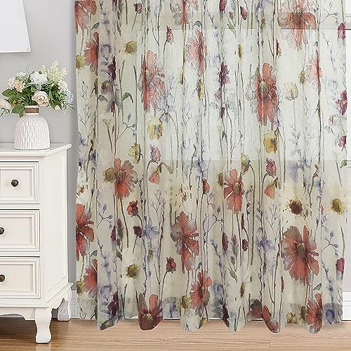 OWENIE Crushed Sheer Curtains 63 Inches Length 2 Panels Set, Sheer Floral Curtians with Printed Design, Printing Drapes on Sheers for Living Room, Rod Pocket Light Filtering Window Sheers 42" W x 63"L - size: 42"W x 63"L (Pack of 2)