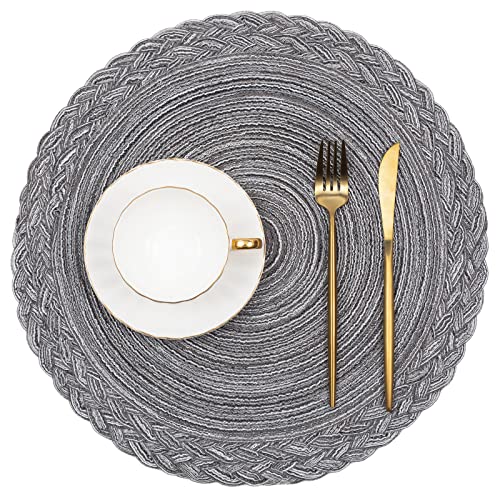 SHACOS Round Placemats Set of 6 Woven Round Table Mats 15 inch Braided Border Washable Cotton Polyester Circle Place Mats, Gray - color: Gray, size: 6 pieces