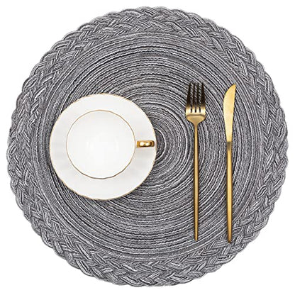 SHACOS Round Placemats Set of 6 Woven Round Table Mats 15 inch Braided Border Washable Cotton Polyester Circle Place Mats, Gray - color: Gray, size: 6 pieces