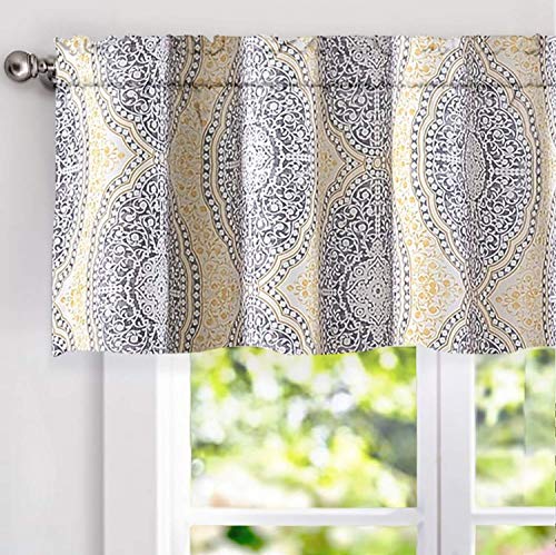 DriftAway Adrianne Damask and Floral Pattern Window Curtain Valance 52 Inch by 18 Inch Plus 2 Inch Header Yellow and Gray - color: Adrianne-yellow