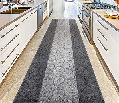 Custom Size Modern Runner Rug Carpet for Hallway Entryway Foyer Kitchen, Slip Resistant Latex Rubber Backed 31 inch Wide x 7 feet Long, Scroll Grey - color: Scroll / Grey, size: 31 inch Width X 7 Feet Length