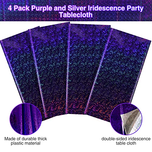FunnyPars 4 Pack Iridescent Purple Plastic Tablecloths Shiny Disposable Laser Rectangle Table Covers Holographic Foil Tablecloth Iridescent Kpop Birthday Bridal Wedding Party Decoration, 54"x108" - color: Purple