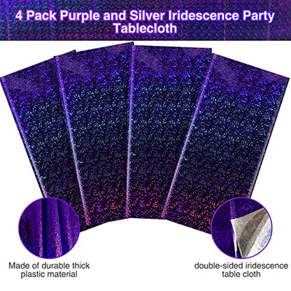 FunnyPars 4 Pack Iridescent Purple Plastic Tablecloths Shiny Disposable Laser Rectangle Table Covers Holographic Foil Tablecloth Iridescent Kpop Birthday Bridal Wedding Party Decoration, 54"x108" - color: Purple