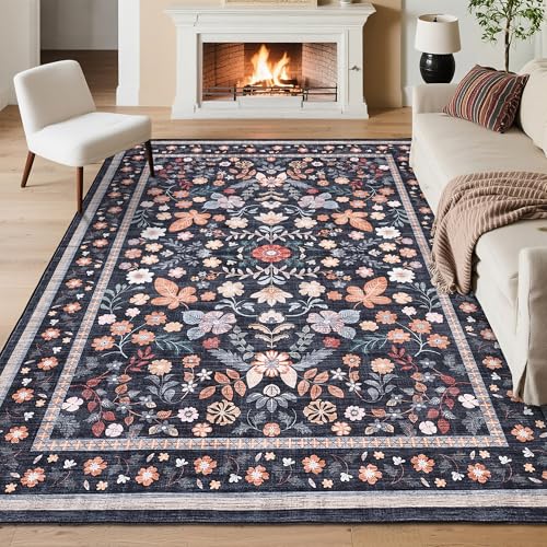 GarveeHome Area Rugs 9x12 Living Room Floral Machine Washable Black - color: Black, size: 9' x 12' (Rectangular)
