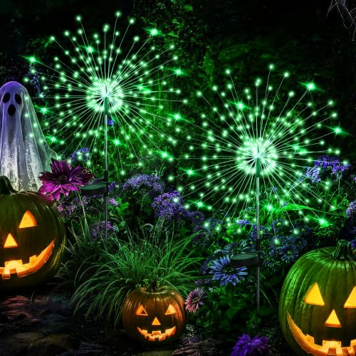 GIGALUMI 2 Pack Solar Firework Lights Outdoor, Halloween Decor, Green - color: Green, size: 2 PACK