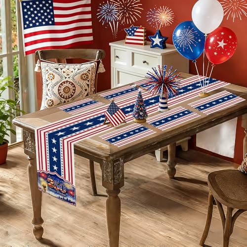 72x13 Inch 250th 4th of July Patriotic USA Stars Table Runner with 6Pcs Place Mats for Independence Day - color: 250th Anniversary