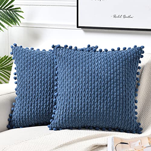 Fancy Homi Set of 2 Dusty Blue Decorative Throw Pillow Covers 16x16 Inch with Pom-poms for Couch Bed Sofa, Rustic Farmhouse Boho Home Decor, Soft Plush Corduroy Cute Cushion Case 40x40 cm - color: Dusty Blue, size: 16" x 16" (Pack of 2)