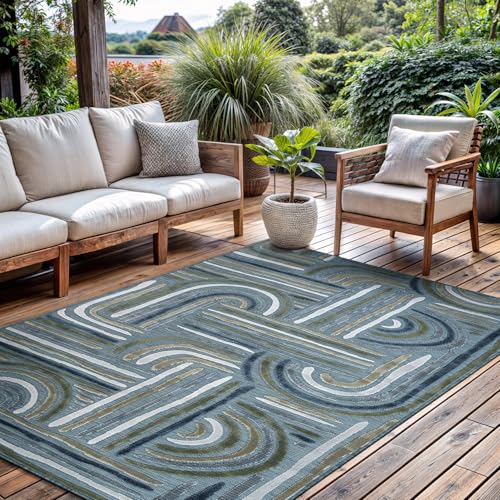 CAMILSON Indoor Outdoor Rug, Aqua 8x10 Geometric Arch Striped Area Rugs for Patio and Home Areas, Easy-Cleaning Non-Shedding Living Room, Garden and Deck Washable Outside Carpet (8 x 10) - color: 3004 Aqua, size: 8' x 10' (Rectangular)