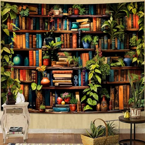 Accnicc Botanical Bookshelf Tapestry Lush Green Plant Book Shelf Tapestries Wall Hanging Art Vintage Retro Potted Plants Academics Small Library Tapestry for Bedroom Living Room Dorm 60 x 44 inch - color: Green, size: 60"L x 44"W