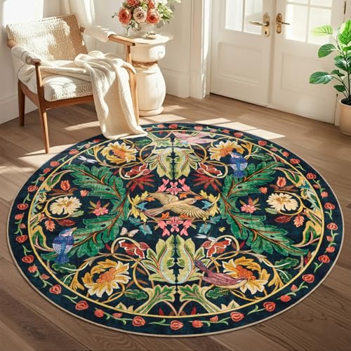 nesrt Washable Round Area Rugs 5ft for Living Room, Soft Non-Slip Boho Circle Kids Bedroom Rug, Low Pile Botanical Farmhouse Birds Throw Carpet for Dining Room Nursery Playroom (Dark Green) - color: Dark Green, size: 5' (Round)