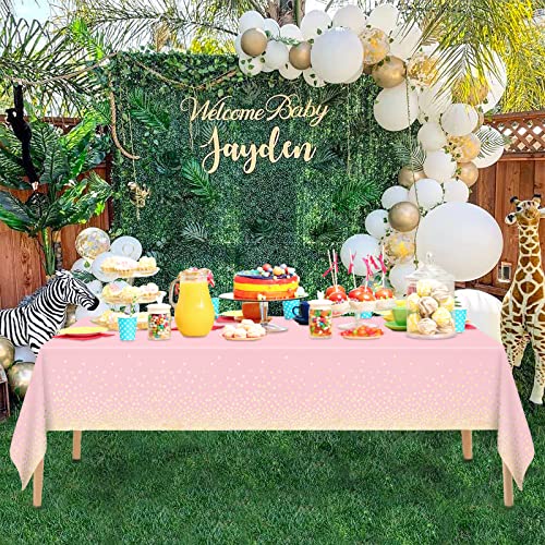Mulbozy 2 Pcs Pink Tablecloth 54"×108" Gold Dot Pink Table Cloth, Pink Disposable Plastic Tablecover for Birthday, Baby Shower, Picnic, Camping, Event & Parties… - color: Gold Dot-pink, size: 54" X 108" Rectangle