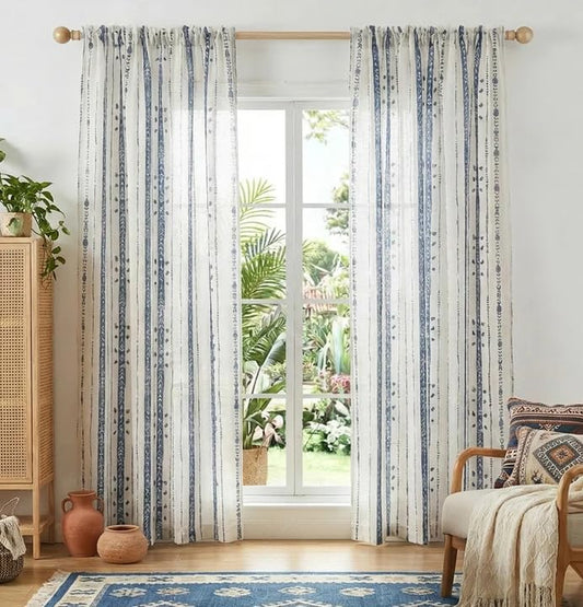 Boho Linen Curtains 54 Inches for Living Room, Navy Blue, 2 Panels - color: Blue, size: 52"W x 54"L (Pack of 2)