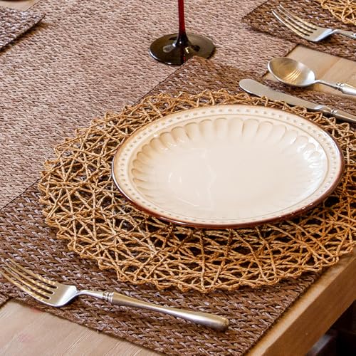 AHHFSMEI Paper Braided Round Placemats Set of 12 Natural Non-Slip Heat Resistant Table Mats for Dining Tables Woven Indoor & Outdoor Place mats(Brown,12) - color: Brown