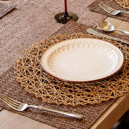 AHHFSMEI Paper Braided Round Placemats Set of 12 Natural Non-Slip Heat Resistant Table Mats for Dining Tables Woven Indoor & Outdoor Place mats(Brown,12) - color: Brown