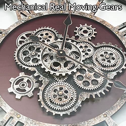30" Original Moving Gears Wall Clock, Large Industrial Wall Clock for Living Room Decor, Retro Wood Vintage Farmhouse Steampunk Rustic Clocks for Wall Decor,Cherry Red - color: Cherry Red, size: 76cm / 30 inch