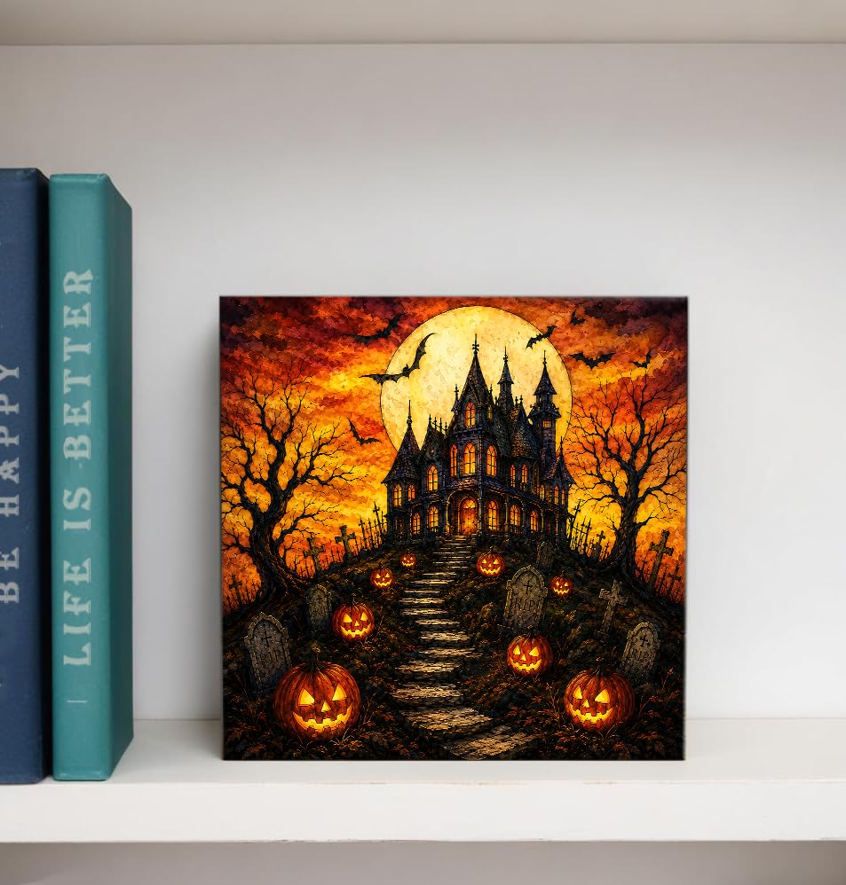 Full Moon Castle Halloween Wooden Box Decorative Sign 5x5 Inch - color: M