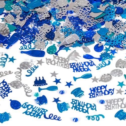 Blue and Silver Happy Birthday Confetti, 3000 Pcs Birthday Cake Table Metallic Foil Confetti Party Table Decor for Party, Baby Shower, DIY Arts and Crafting - color: Blue Silver