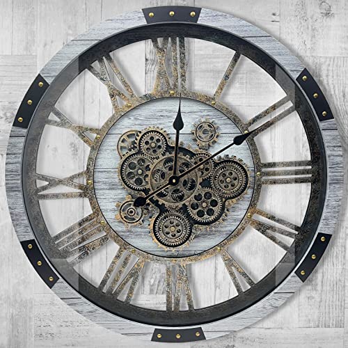 24" Large Wall Clock with Moving Gears,Oversize Vintage Industrial Rustic Farmhouse Clocks for Living Room Decor Office Home,Solid Wood HD Tempered Glass Cover,Silver Grey - color: Silver Grey, size: 60cm / 24 inch