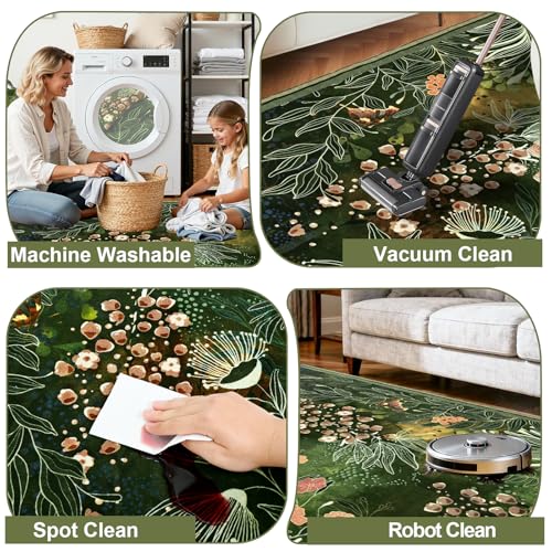 Yinhua Dark Green Area Rug for Entryway 3x5 Botanical Washable Rug Non Silp - size: 3' x 5' (Rectangular)