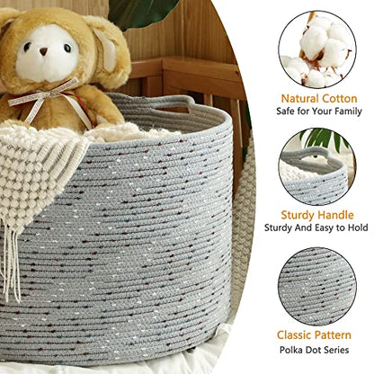KAKAMAY Large Blanket Basket (20"x13"),Woven Baskets for storage Baby Laundry Hamper, Cotton Rope Blanket Basket for Living Room, Laundry, Nursery, Pillows, Grey with Blue & Brown Dotted - color: Grey Dot