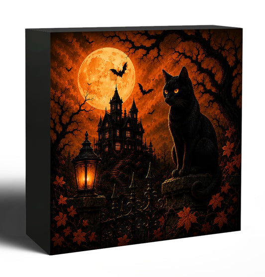 Gothic Halloween Black Cat Wooden Box Decorative Sign 5x5 Inch - color: G
