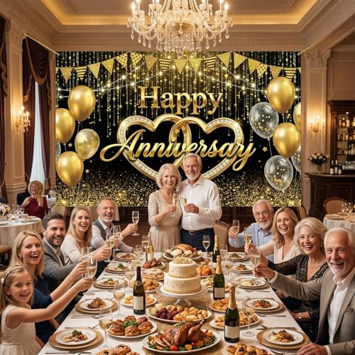 Happy Anniversary Black Gold Backdrop - Elegant Black and Gold Balloons Photography Background Poster for Wedding Anniversary Party Decorations Cake Table Banner 71x43 Inch