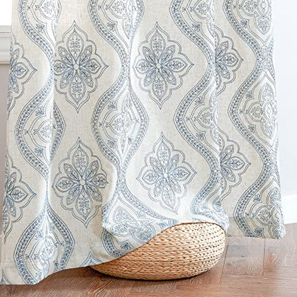 jinchan Boho Floral Linen Curtains 84 Inch Blue on Ecru Grommet 2 Panels - color: Damask Blue, size: 50"W x 84"L (Pack of 2)